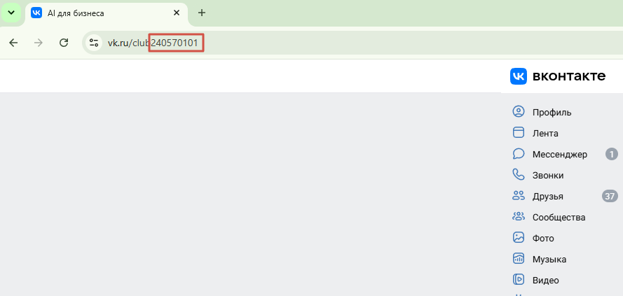 Числовой ID сообщества в адресной строке на странице «Работа с API»